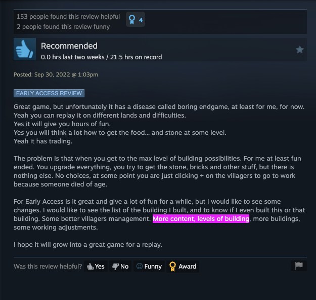 A Steam Early Access review recommending a game but asking for more late-game building content, with a key phrase highlighted.
