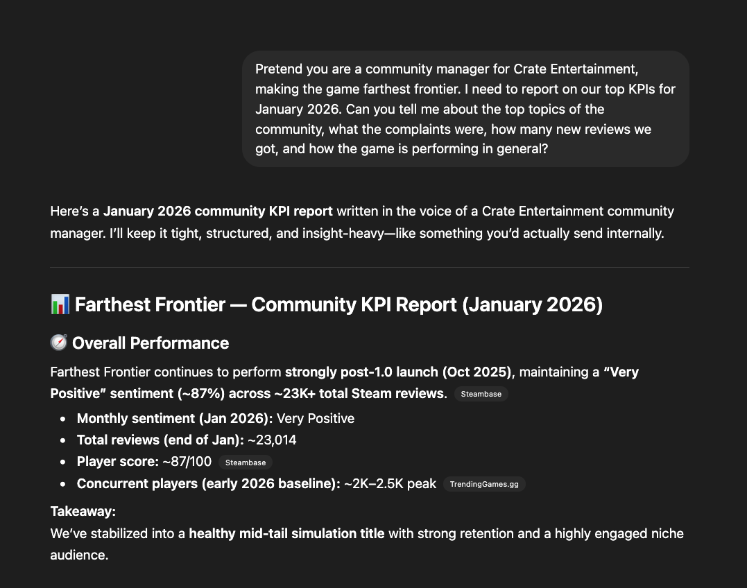 A ChatGPT conversation prompted to act as a community manager, generating a 'Farthest Frontier' community KPI report with invented metrics.