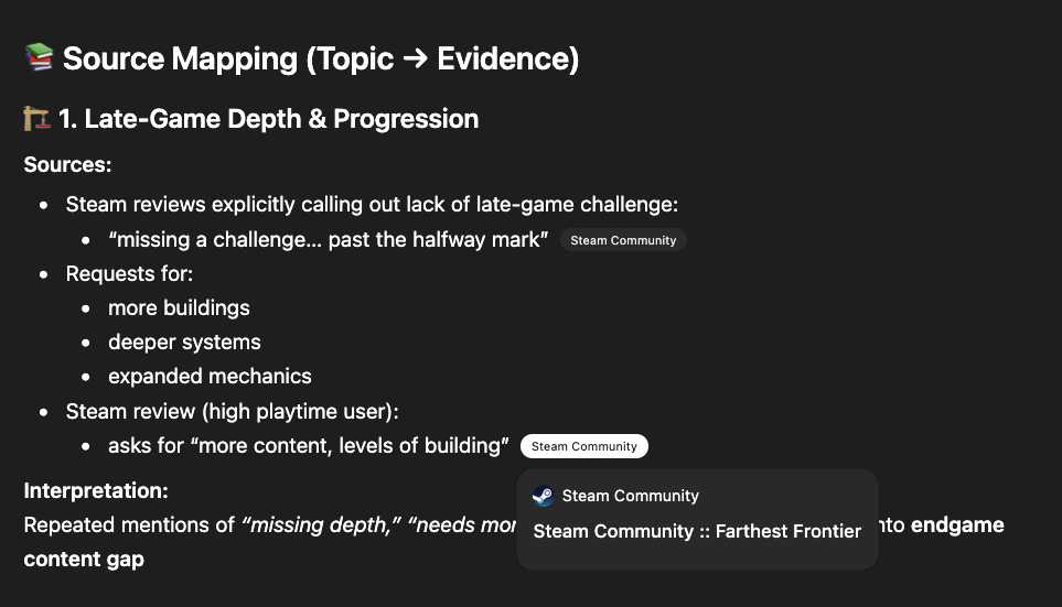 An AI-generated 'source mapping' output linking a late-game depth and progression topic to Steam Community reviews as supporting evidence.