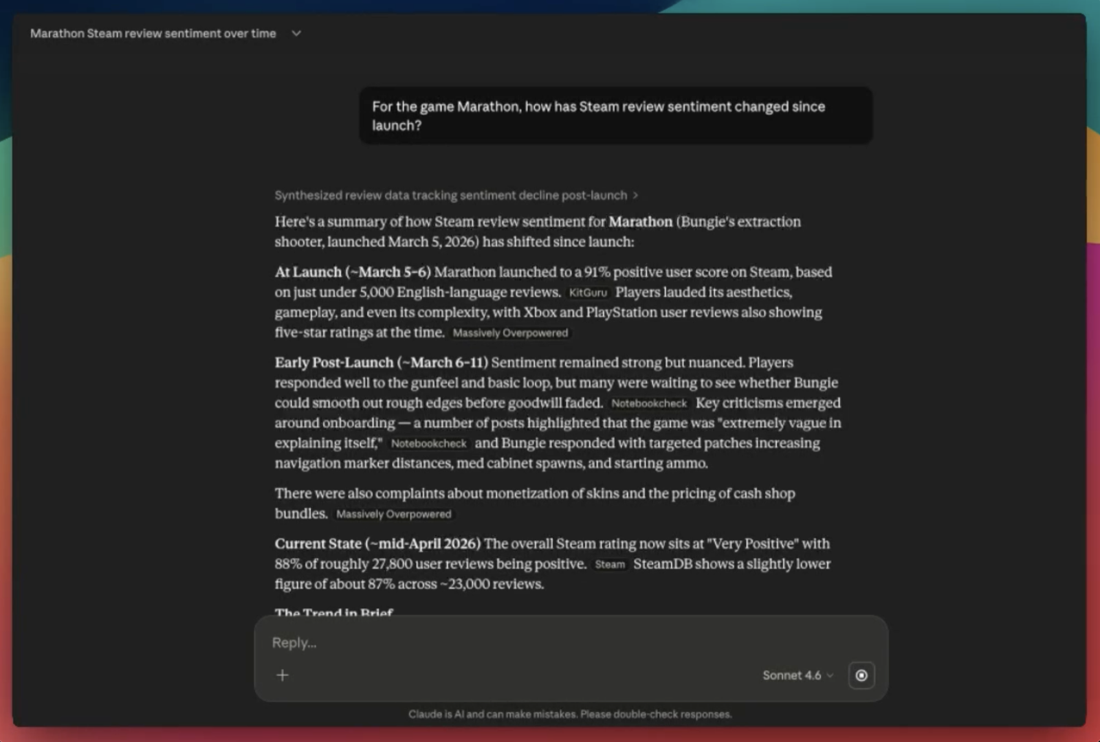A large-language-model chat answering how Steam review sentiment for the game Marathon has changed since launch, with a confident but unverified summary.