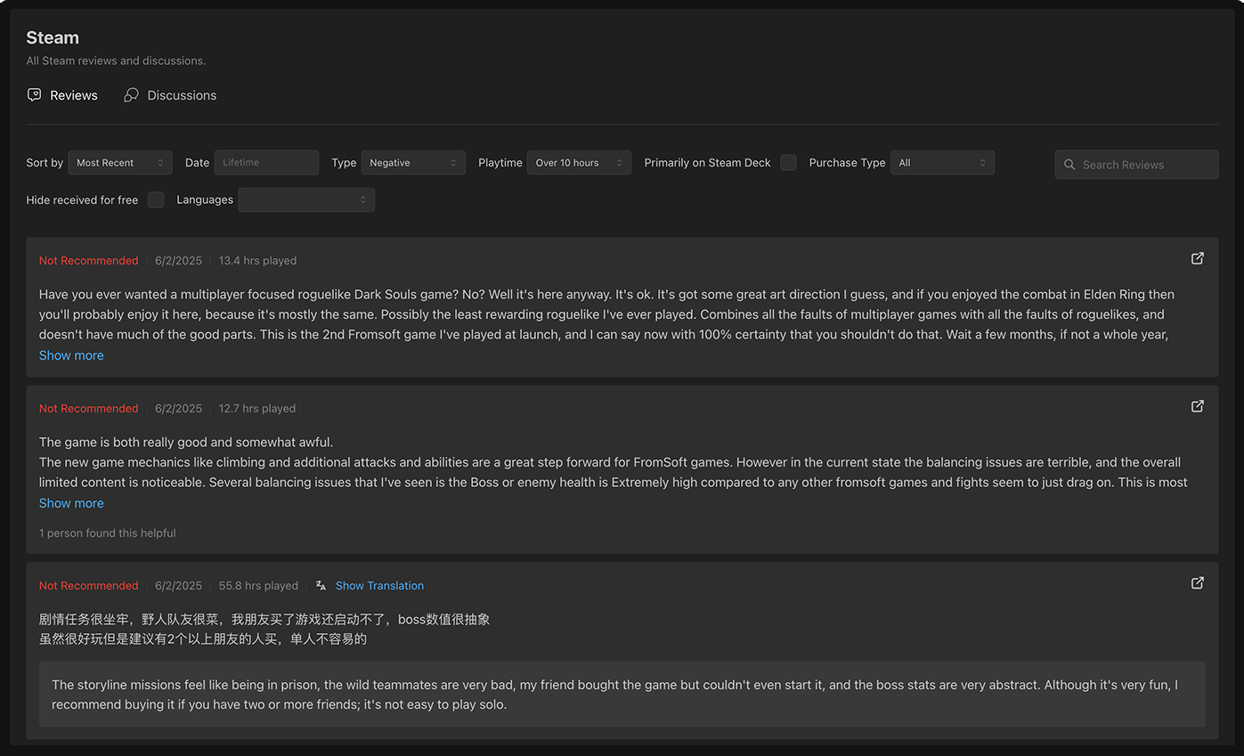 A Kinn view of negative Steam reviews and discussions for Elden Ring Nightreign.