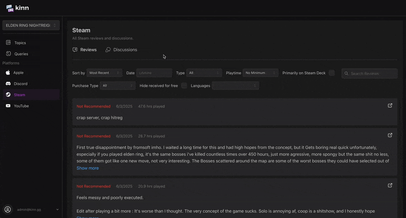 A screen recording of filtering and searching Steam reviews for Elden Ring inside Kinn.