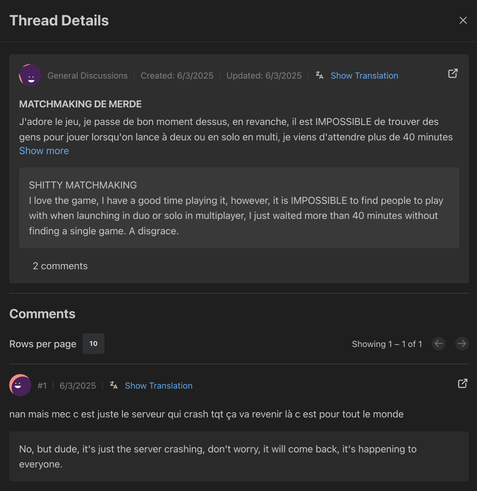 A Kinn thread detail showing a French player's matchmaking complaint automatically translated into English.
