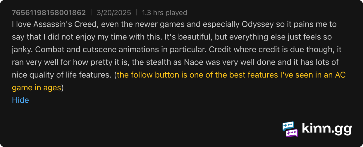 Screenshot from Kinn.gg showing a review of the updated auto-follow NPC mechanic.