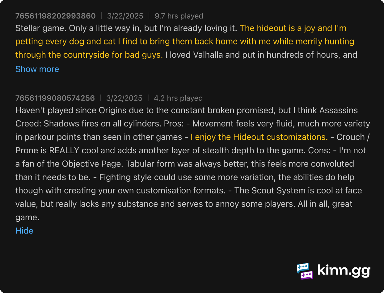 Screenshot from Kinn.gg showing a pair of reviews highlighting the AC: Shadows Hideout feature.
