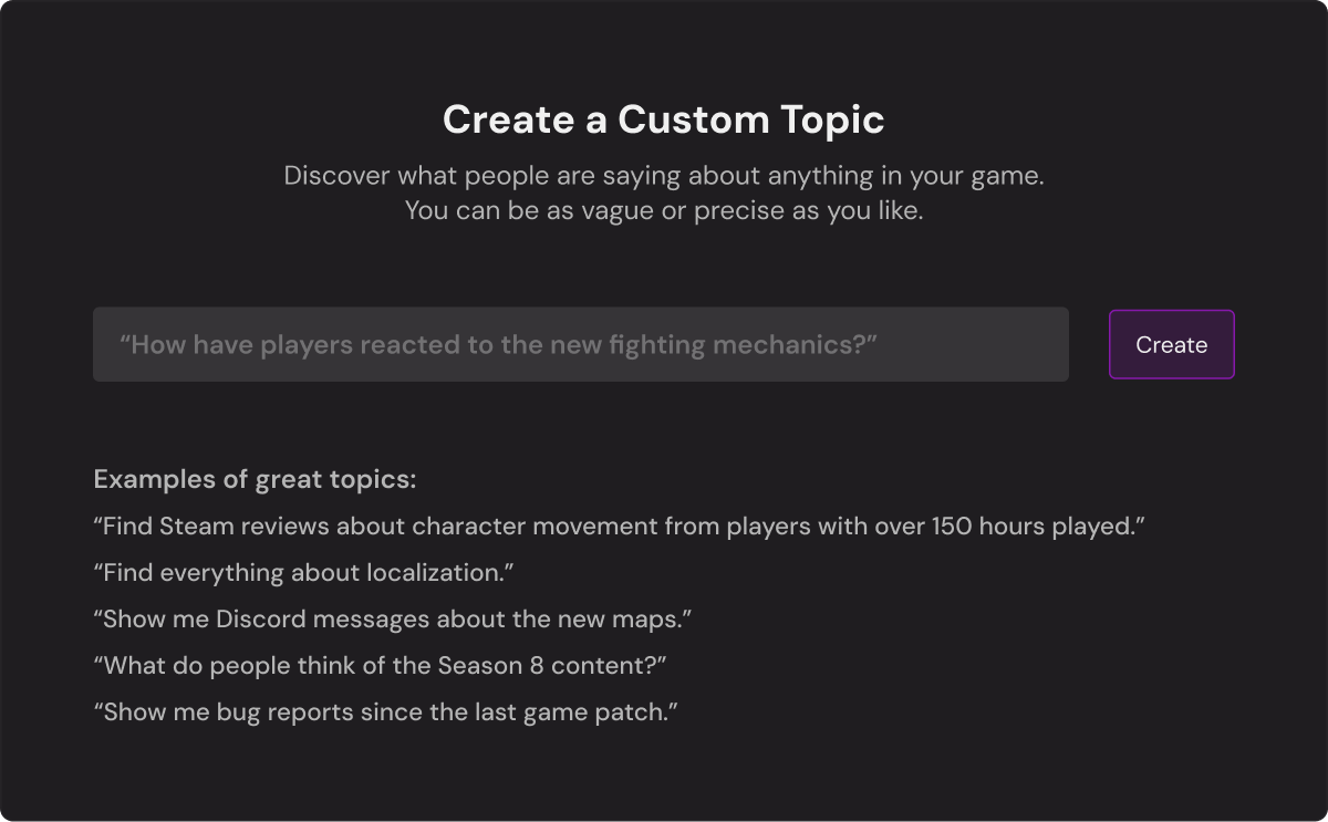 Kinn's 'Create a Custom Topic' screen, with a query box and example prompts such as 'Find Steam reviews about character movement.'