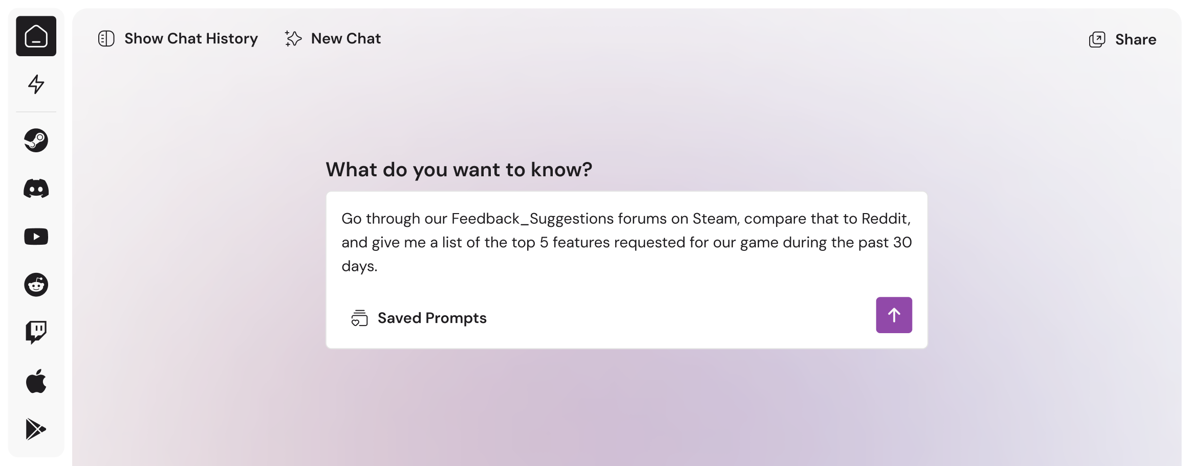 The Kinn app chat interface, answering a question about the top feature requests across Steam and Reddit.